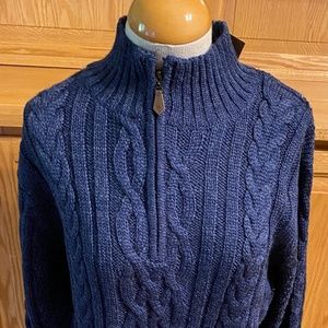 NWT Woolovers Pure Wool Aran Cable Zip Neck Jumper Denim Marble Large Men's